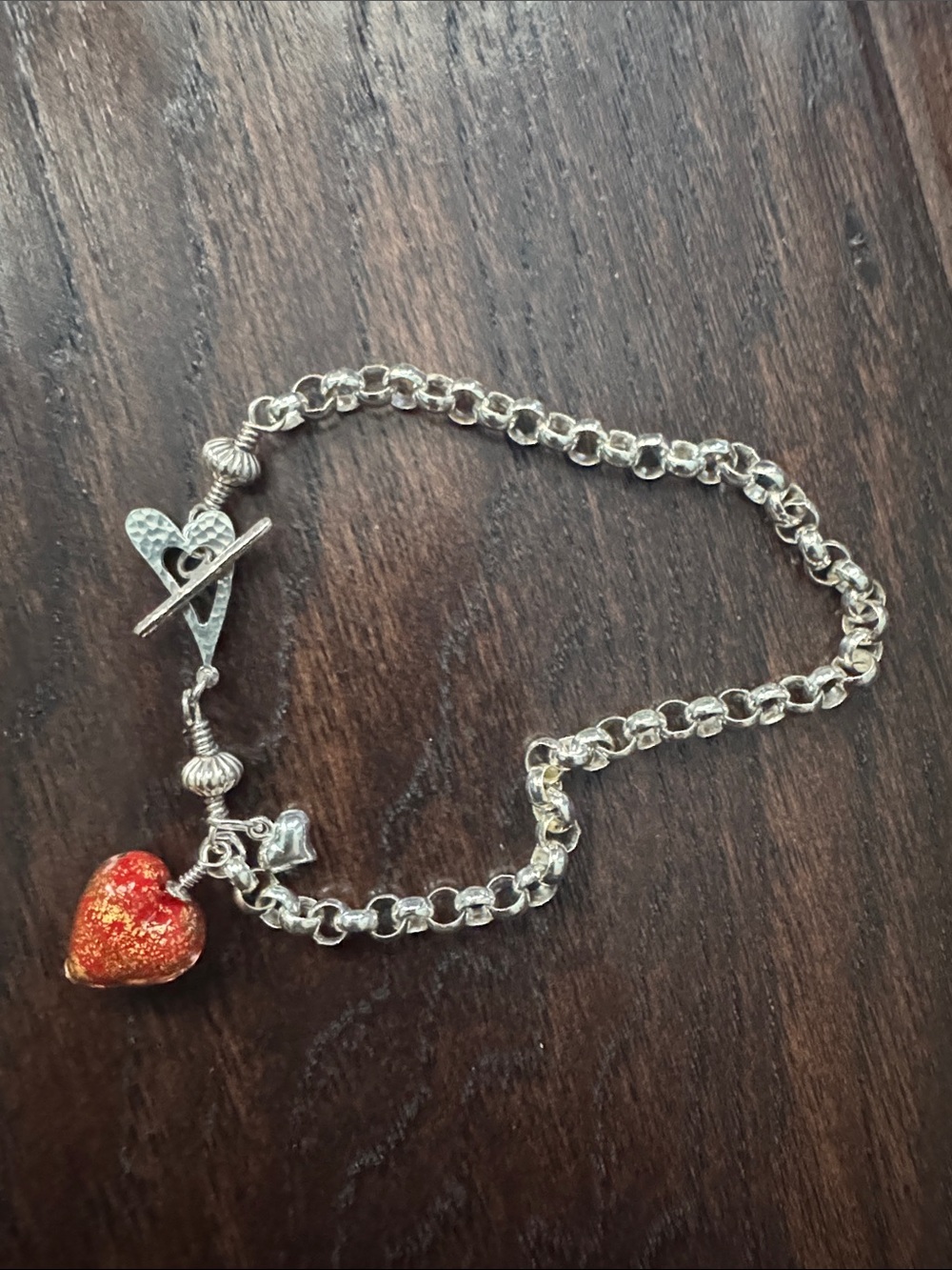 NWOT Sterling Silver Rolo ChainBracelet with Red Glass Heart Pendant